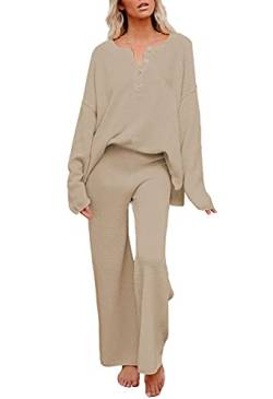 Viottiset Damen 2-Teiliges Langarm Pyjama Set Trainingsanzug Knopf Strick Pullover Oberteil Hose Lose Outfit Khaki L von Viottiset