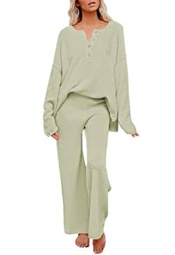 Viottiset Damen 2-Teiliges Langarm Pyjama Set Trainingsanzug Knopf Strick Pullover Top Hose Lose Outfit Hellgrün XL von Viottiset