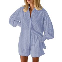 Viottiset Damen 2-Teiliges Outfit-Set Langarm Knöpfen Hemd Top Kurze Hose Kordelzug Lässiger Loungewear Pajamas Blau M von Viottiset