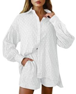 Viottiset Damen 2-Teiliges Outfit-Set Langarm Knöpfen Hemd Top Kurze Hose Kordelzug Lässiger Loungewear Pajamas Weiß L von Viottiset