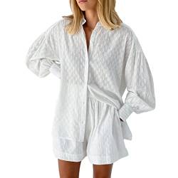 Viottiset Damen 2-Teiliges Outfit-Set Langarm Knöpfen Hemd Top Kurze Hose Kordelzug Lässiger Loungewear Pajamas Weiß S von Viottiset