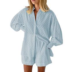 Viottiset Damen 2-Teiliges Outfit-Set Langarm Knöpfen Top Kurze Hose Kordelzug Lässiger Loungewear Pajamas Hellblau L von Viottiset