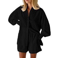 Viottiset Damen 2-Teiliges Outfit-Set Langarm Knöpfen Top Kurze Hose Kordelzug Lässiger Loungewear Pajamas Schwarz XL von Viottiset
