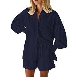 Viottiset Damen 2-Teiliges Outfit-Set Langarm Knöpfen Top Kurze Hose Kordelzug Lässiger Loungewear Pajamas Tiefblau M von Viottiset