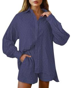 Viottiset Damen 2-Teiliges Outfit-Set Langarm Knöpfen Top Kurze Hose Kordelzug Lässiger Loungewear Pajamas Tiefblau XL von Viottiset