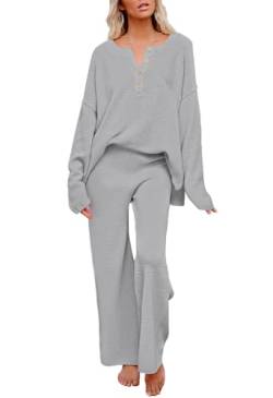 Viottiset Damen 2-Teiliges Outfit Set Langarm Knopf Strickpullover Weites Bein Hose Sweatsuit Jogginganzug Grau Groß von Viottiset