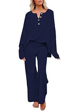 Viottiset Damen 2-Teiliges Outfit Set Langarm Knopf Strickpullover Weites Bein Hose Sweatsuit Oberteil Tiefes Blau Klein von Viottiset