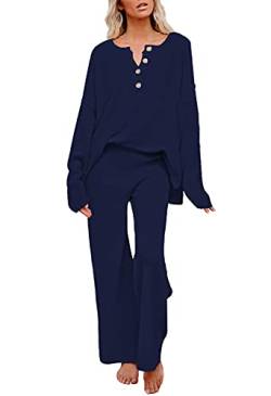 Viottiset Damen 2-Teiliges Outfit Set Langarm Knopf Strickpullover Weites Bein Hose Sweatsuit Oberteil Tiefes Blau Mittel von Viottiset