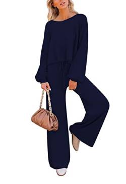 Viottiset Damen 2-Teiliges Outfit-Set Langarm Kurz Top Weitem Bein Hose Strick Pullover Sweatsuit Trainingsanzug Navy Blau S von Viottiset