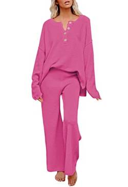 Viottiset Damen 2-Teiliges Outfit-Set Langarm Pyjama Knopf Strickpullover Oberteil Hose Lose Trainingsanzug Rosenrot L von Viottiset
