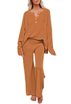 Viottiset Damen 2-Teiliges Outfit-Set Langarm Pyjama Knopf Strickpullover Oberteil Hose Lose Trainingsanzug Rostorange S von Viottiset