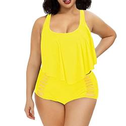 Viottiset Damen Badeanzug Übergröße Tankini Rüschen Hoher Taille Zweiteiliges Bikini-Set Strand Bademode Sommer Gelb 3XL von Viottiset