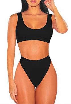 Viottiset Damen Bademode Crop Top Bikini Set Zweiteilige Badeanzug Hohe Taille Strandkleidung Push Up 01 - Schwarz Klein von Viottiset