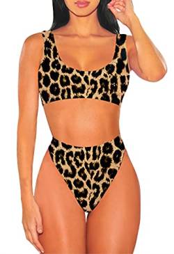 Viottiset Damen Bademode Crop Top Bikini Set Zweiteilige Badeanzug Hohe Taille Strandkleidung Push Up 02 - Braun X-Large von Viottiset