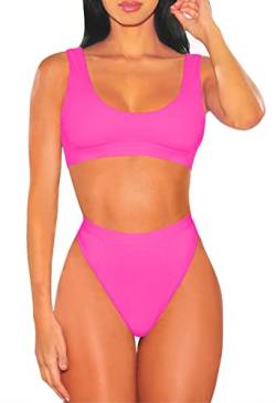 Viottiset Damen Bademode Crop Top Bikini Set Zweiteilige Badeanzug Hohe Taille Strandkleidung Push Up Rose Red Groß von Viottiset