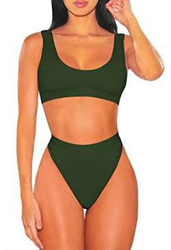 Viottiset Damen Bademode Crop Top Bikini Set Zweiteilige Badeanzug mit Hoher Taille Strandkleidung Bikinihose (L, Armeegrün) von Viottiset