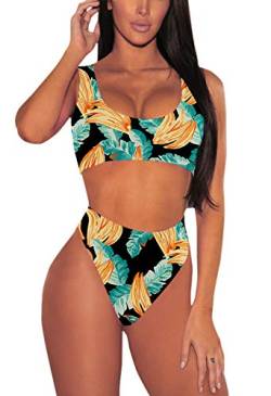 Viottiset Damen Bademode Crop Top Bikini Set Zweiteilige Badeanzug mit Hoher Taille Strandkleidung Bikinihose (M, Türkis) von Viottiset