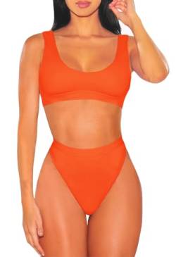 Viottiset Damen Bademode Crop Top Bikini Set Zweiteilige Badeanzug mit Hoher Taille Strandkleidung Bikinihose (S, Orange) von Viottiset
