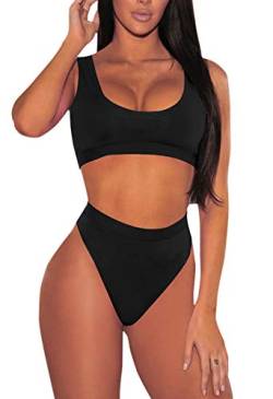 Viottiset Damen Bademode Crop Top Bikini Set Zweiteilige Badeanzug mit Hoher Taille Strandkleidung Bikinihose (XL, Schwarz) von Viottiset