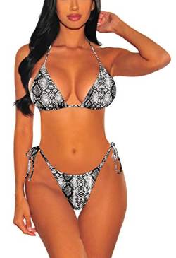 Viottiset Damen Bademode Neckholder Zweiteilige Biniki Set mit Hohe Taille Bandage Bikinihose 01 Schwarz und weiß XL von Viottiset
