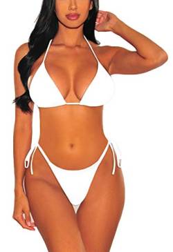 Viottiset Damen Bademode mit Hohe Taille Bandage Bikinihose Neckholder Zweiteilige Biniki Set 01 Weiß S von Viottiset