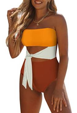 Viottiset Damen Bandeau Badeanzug Bauchweg Trägerloser Monokini Einteiler High Cut Waist Tie Badebekleidung Orange Weiß XL von Viottiset