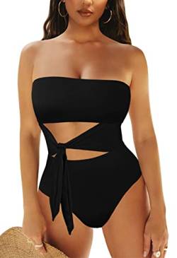 Viottiset Damen Bandeau Badeanzug Bauchweg Trägerloser Monokini Einteiler High Cut Waist Tie Badebekleidung Schwarz XXL von Viottiset