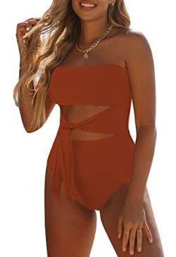 Viottiset Damen Bandeau Badeanzug Bauchweg Trägerloser Monokini Einteiler High Cut Waist Tie Push Up Gebranntes Orange M von Viottiset