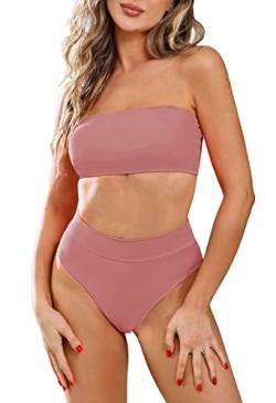 Viottiset Damen Bandeau Top Bikini Set High Waist Badeanzug mit Abnehmbare Träger XL Rosa von Viottiset