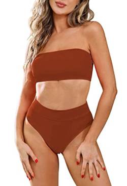 Viottiset Damen Bandeau Top Bikini Set Hoher Taille Badeanzug Abnehmbare Träger Sexy Push-Up Padded Gebranntes Orange Klein von Viottiset