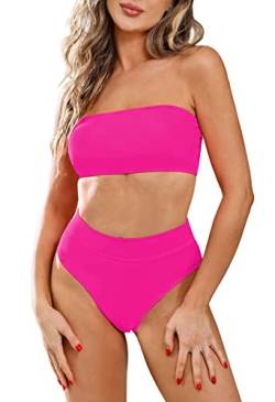 Viottiset Damen Bandeau Top Bikini Set Hoher Taille Badeanzug Abnehmbare Träger Sexy Push-Up Padded Hellrosa M von Viottiset