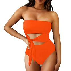 Viottiset Damen Bandeau Trägerloser Einteiler Wickel Badeanzug Hoher Schnitt Monokini Badebekleidung Orange Small von Viottiset