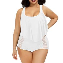 Viottiset Damen Bauchweg Volant Hohe Taile Zweiteiliger Badeanzug Push Up Swimsuits Weiß XL von Viottiset