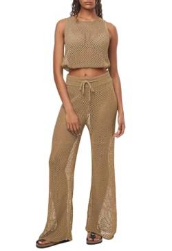 Viottiset Damen Bikini Coverups Set 2-Teilige Häkellose Ärmellose Crop Top Breites Bein Lange Hosen Strand Khaki M von Viottiset