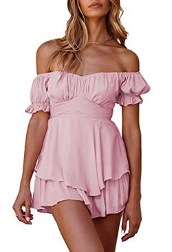 Viottiset Damen Boho Minikleid Off Shoulder Kurz Rüschen Chiffon Jumpsuit Sommer Strampler Playsuit Rosa M von Viottiset