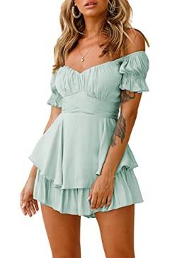 Viottiset Damen Boho Minikleid Off Shoulder Overall Rüschen Chiffon Shorts Jumpsuit Sommer Strand Playsuit Türkis XL von Viottiset