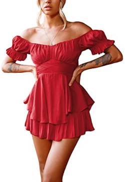 Viottiset Damen Boho Strampler Off Shoulder Rüschen Chiffon Shorts Jumpsuit Playsuit Print Minikleid Rot Groß von Viottiset