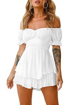 Viottiset Damen Boho Strampler Off Shoulder Rüschen Chiffon Shorts Jumpsuit Playsuit Print Minikleid Weiss Groß von Viottiset