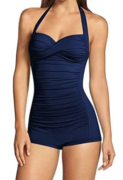 Viottiset Damen Einteiliger Badeanzug Bauchkontrolle Neckholder Twist Rüschen Bademode Monokini Taille Navy Blau Groß von Viottiset