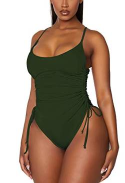 Viottiset Damen Einteiliger Badeanzug Belly Path Hohe Taille Bikini Bademode Plissee Strandkleidung Armee Grün Klein von Viottiset