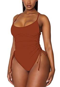 Viottiset Damen Einteiliger Badeanzug Belly Path Hohe Taille Bikini Bademode Plissee Strandkleidung Gebranntes Orange Klein von Viottiset