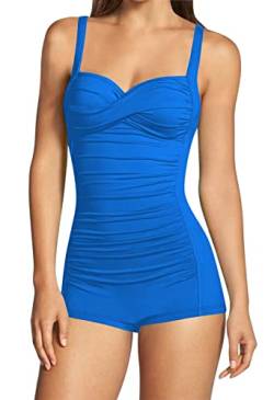 Viottiset Damen Einteiliger Badeanzug Hohe Taille Bauchkontrolle Boyleg Geraffte Riemen Monokini Twist Front Azur L von Viottiset