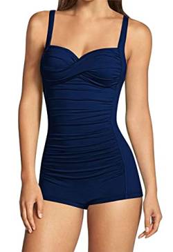 Viottiset Damen Einteiliger Badeanzug Hohe Taille Bauchkontrolle Boyleg Geraffte Riemen Monokini Twist Front Marineblau S von Viottiset