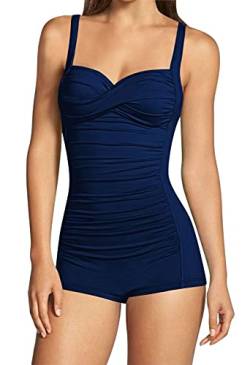 Viottiset Damen Einteiliger Badeanzug Hohe Taille Bauchkontrolle Boyleg Geraffte Riemen Monokini Twist Front Marineblau XL von Viottiset