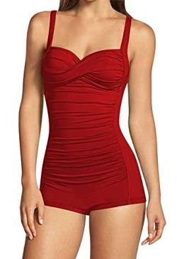 Viottiset Damen Einteiliger Badeanzug Hohe Taille Bauchkontrolle Boyleg Geraffte Träger Monokini Twist Front Rot L von Viottiset