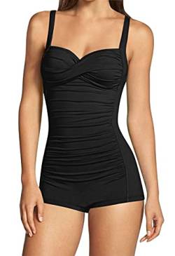 Viottiset Damen Einteiliger Badeanzug Hohe Taille Bauchkontrolle Boyleg Geraffte Träger Monokini Twist Front Schwarz XL von Viottiset