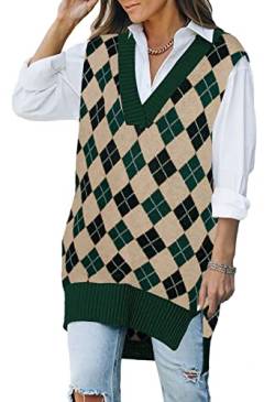 Viottiset Damen Gestrickter Übergroßer Pullover V-Ausschnitt Ärmelloser Weste Einfarbiges Stilvolles Tanktop Argyle Grün M von Viottiset