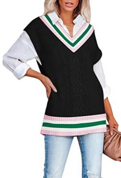 Viottiset Damen Gestrickter Übergroßer Pullover V-Ausschnitt Ärmelloser Weste Stilvolles Tanktop Schwarz Farbblock M von Viottiset