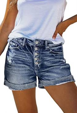 Viottiset Damen Hohe Taille Ausgefranster Denim Distressed Shorts Zerrissener Kurze Jeans Knöpft Dünne Hot Pants Blau 2XL von Viottiset