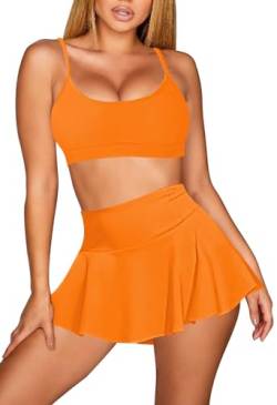 Viottiset Damen Hohe Taille Bikini Set Zwei Stück Badeanzug U-Ausschnitt Spaghetti Straps Swim Rock Strand Vitalität Orange L von Viottiset